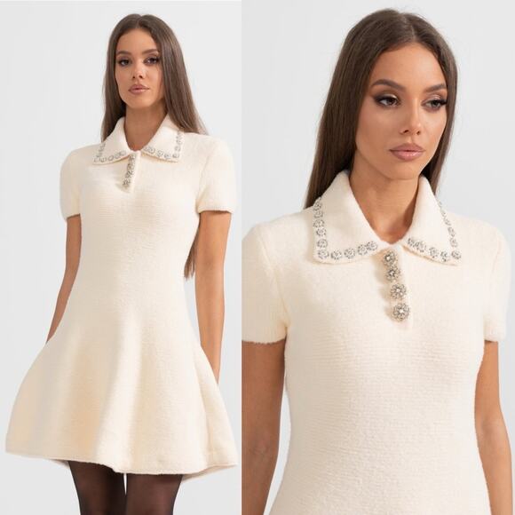 Sierra Darien Elegant Ivory Soft Knit Mini Dress with Crystal Embellished Collar - Picture 5 of 16